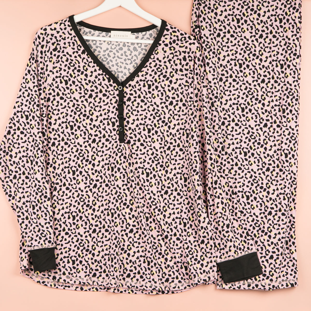 Cheetah Long Sleeve Henley Neck Pajama Set