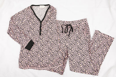 Cheetah Long Sleeve Henley Neck Pajama Set