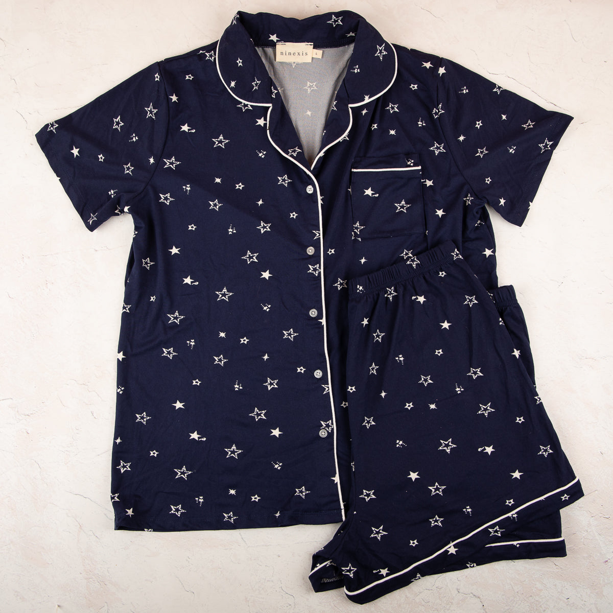 Navy Blue Star Collar Pajama Set (Short Sleeve and Long Sleeve Options)