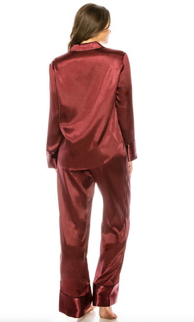 Maroon Satin Long Sleeve Pajama Set
