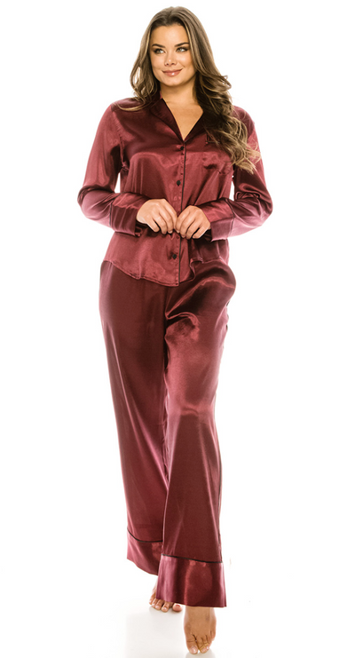 Maroon Satin Long Sleeve Pajama Set